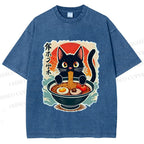 Unisex Ramen Cat Printed Washed Tee