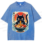 Unisex Ramen Cat Printed Washed Tee