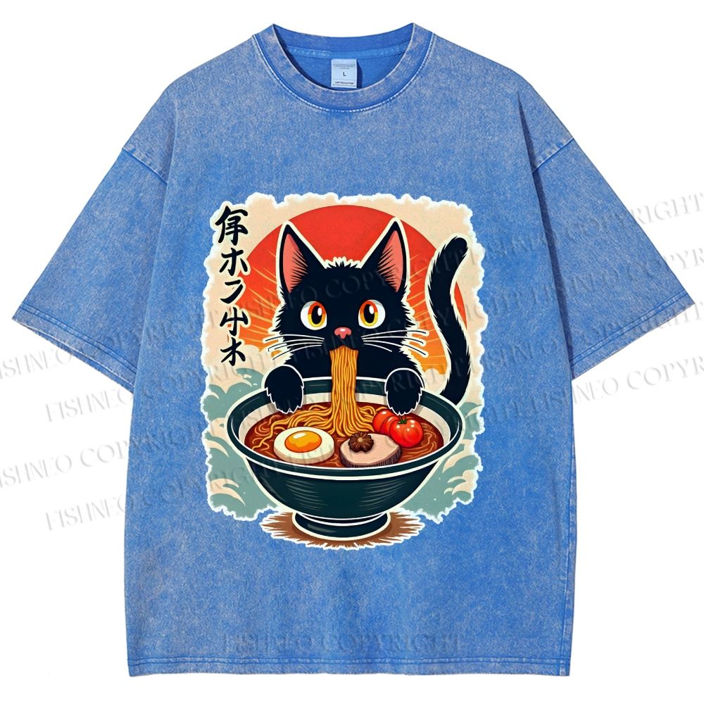 Unisex Ramen Cat Printed Washed Tee