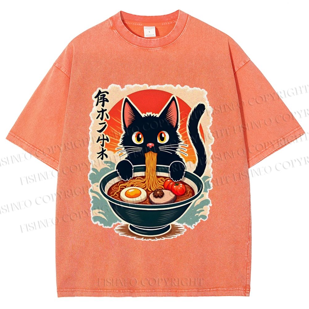 Unisex Ramen Cat Printed Washed Tee