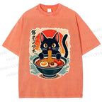 Unisex Ramen Cat Printed Washed Tee