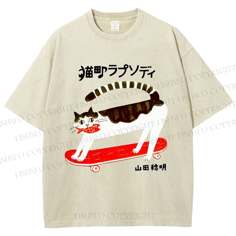 Unisex Skateboard Cat Printed Washed Tee