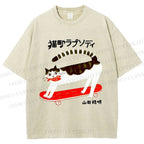 Unisex Skateboard Cat Printed Washed Tee