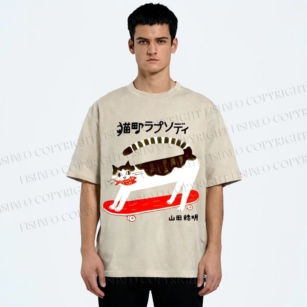 Unisex Skateboard Cat Printed Washed Tee