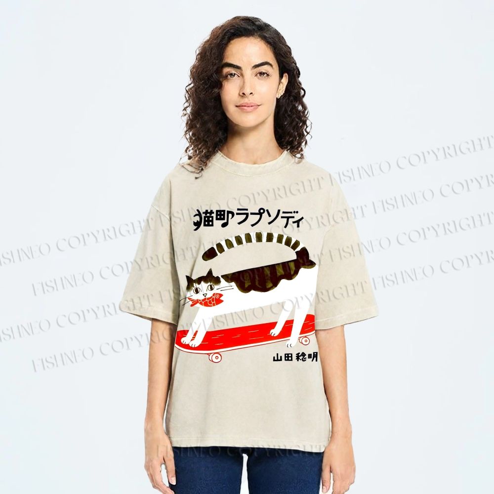 Unisex Skateboard Cat Printed Washed Tee