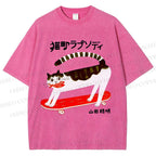 Unisex Skateboard Cat Printed Washed Tee