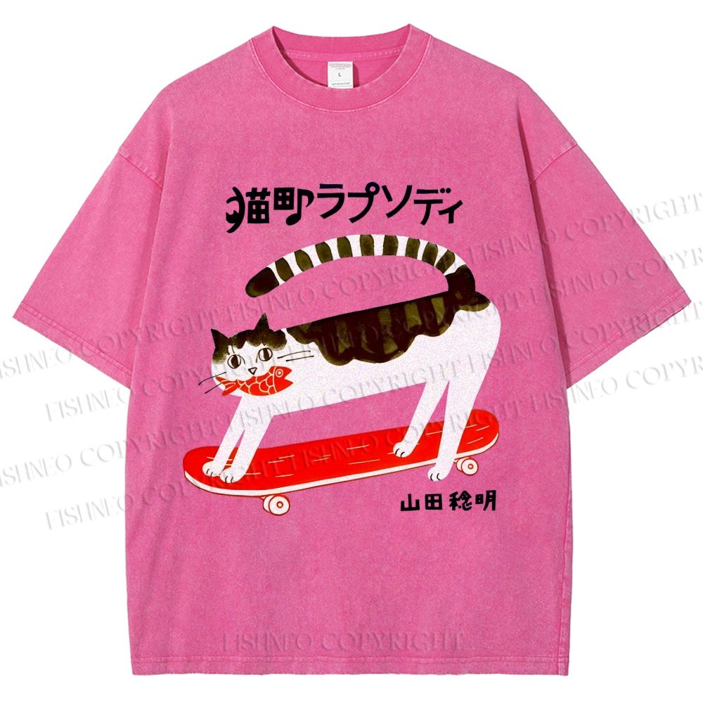 Unisex Skateboard Cat Printed Washed Tee