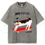 Unisex Skateboard Cat Printed Washed Tee