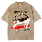 Unisex Skateboard Cat Printed Washed Tee