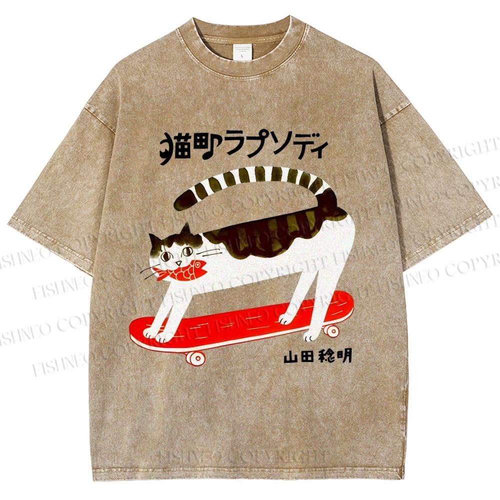 Unisex Skateboard Cat Printed Washed Tee