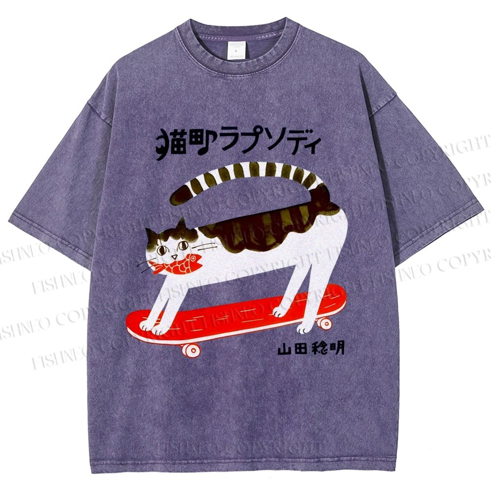 Unisex Skateboard Cat Printed Washed Tee