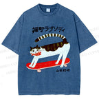 Unisex Skateboard Cat Printed Washed Tee