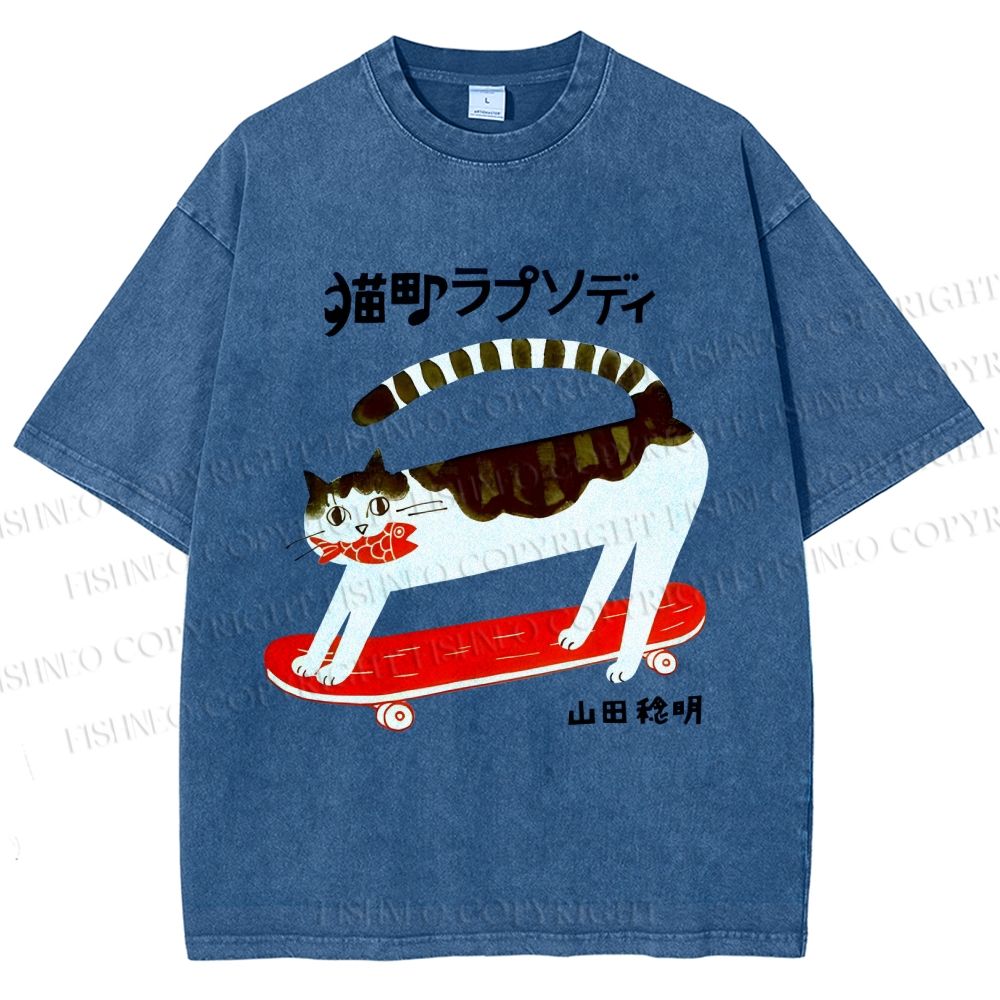 Unisex Skateboard Cat Printed Washed Tee