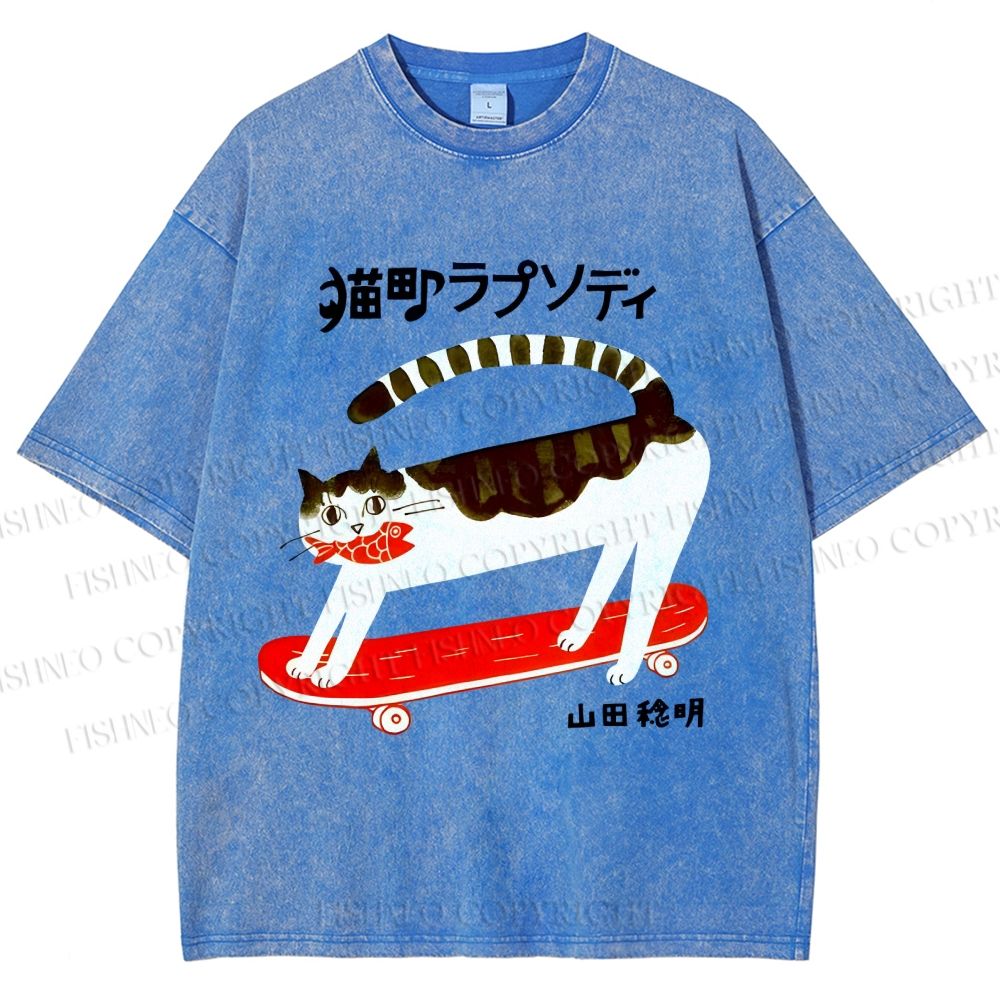 Unisex Skateboard Cat Printed Washed Tee