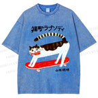 Unisex Skateboard Cat Printed Washed Tee