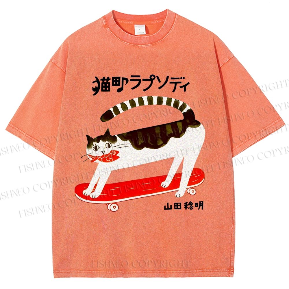 Unisex Skateboard Cat Printed Washed Tee