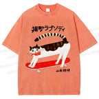 Unisex Skateboard Cat Printed Washed Tee