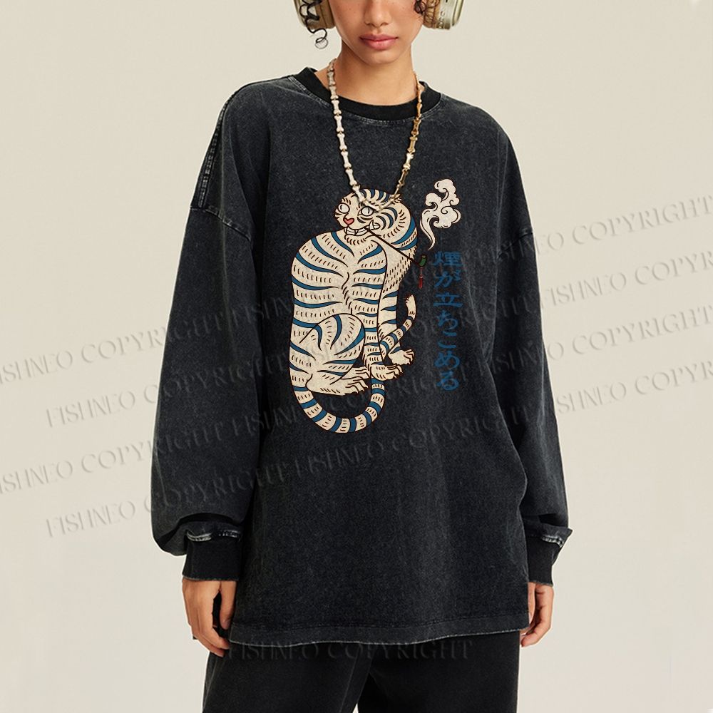 Unisex Casual Washed Japaneses Tiger Smoking Printed Long Sleeve T-shirt