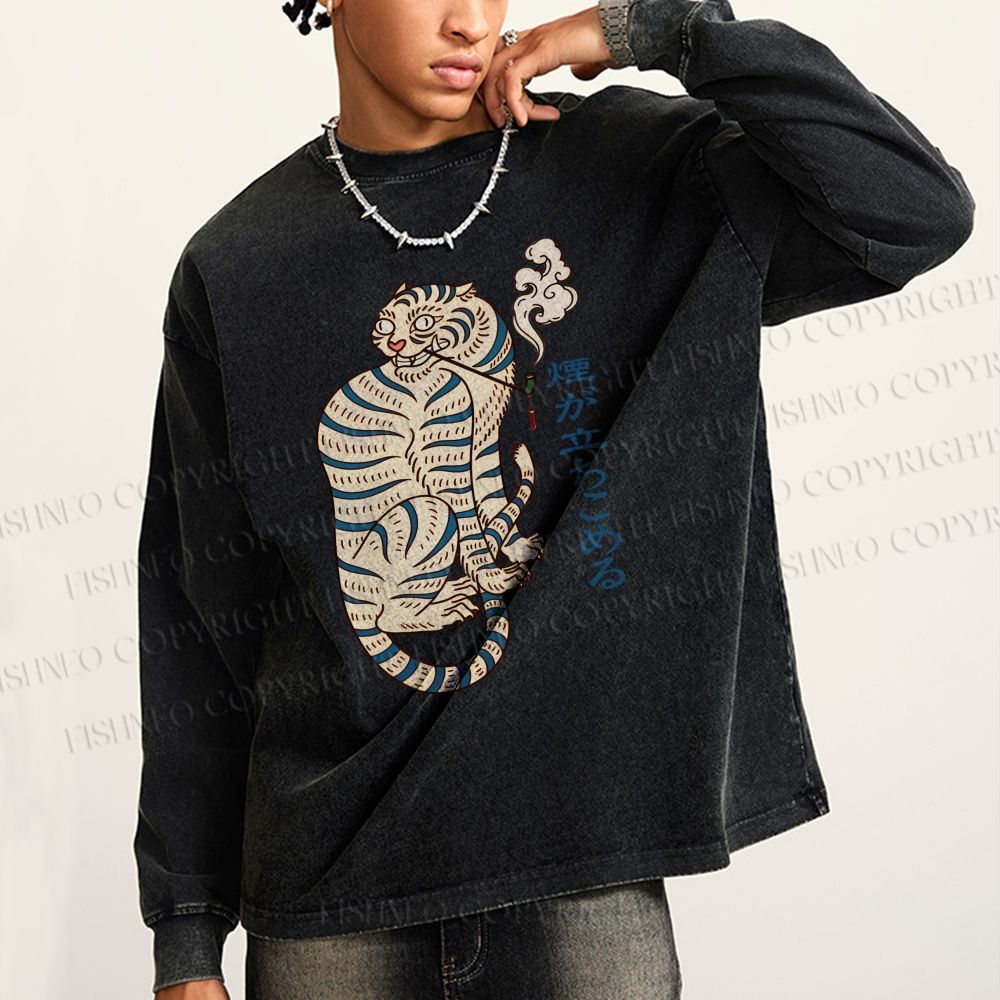 Unisex Casual Washed Japaneses Tiger Smoking Printed Long Sleeve T-shirt