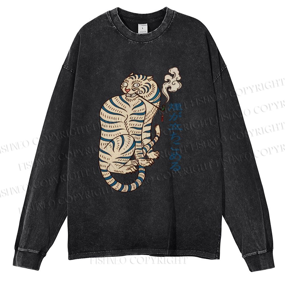 Unisex Casual Washed Japaneses Tiger Smoking Printed Long Sleeve T-shirt