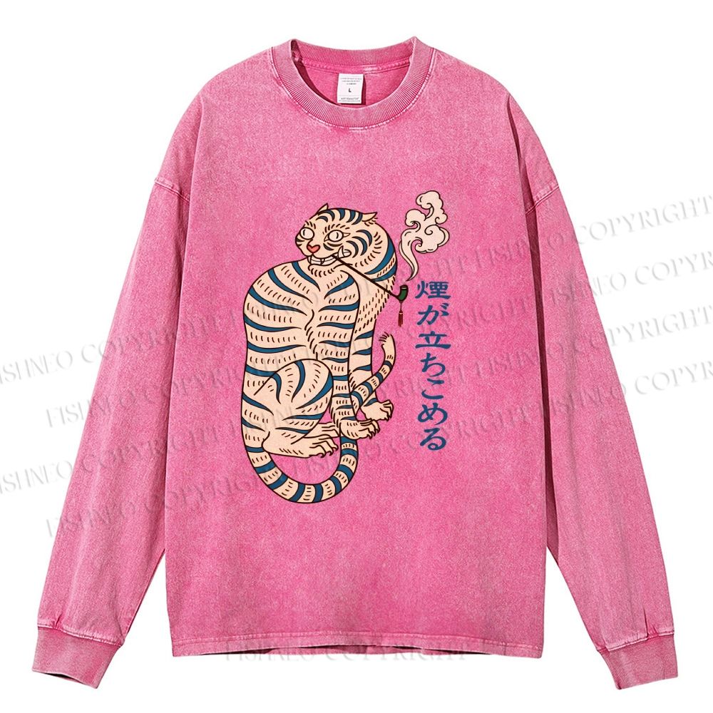 Unisex Casual Washed Japaneses Tiger Smoking Printed Long Sleeve T-shirt