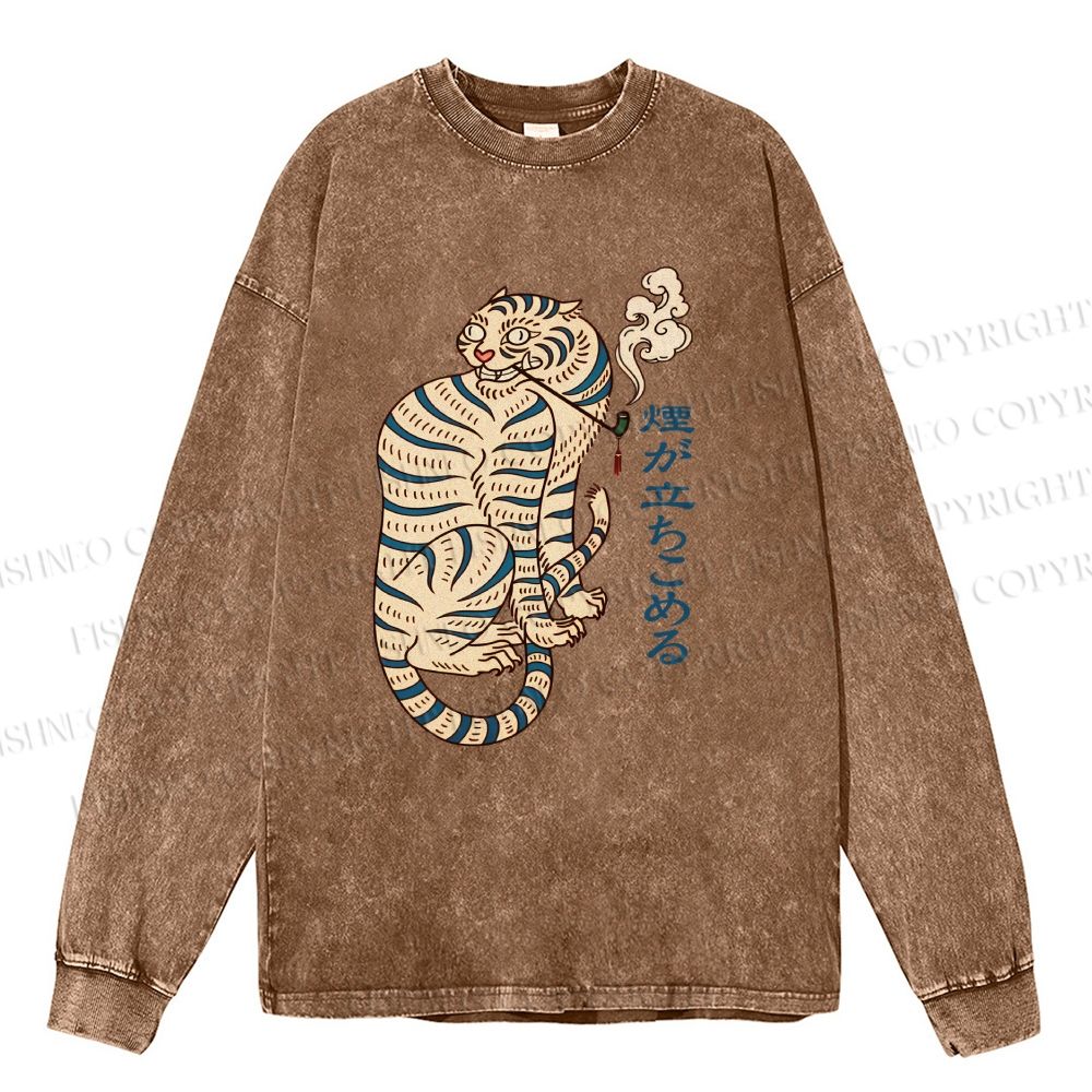 Unisex Casual Washed Japaneses Tiger Smoking Printed Long Sleeve T-shirt
