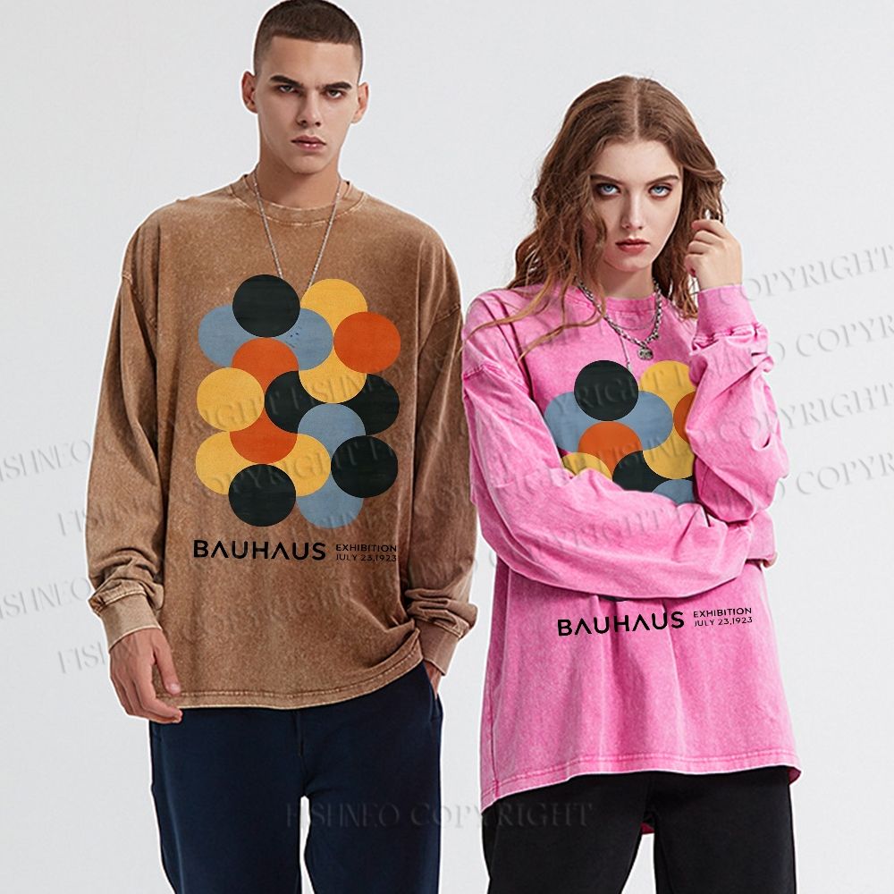Unisex Casual Washed Vintage Bauhaus Design Printed Long Sleeve T-shirt