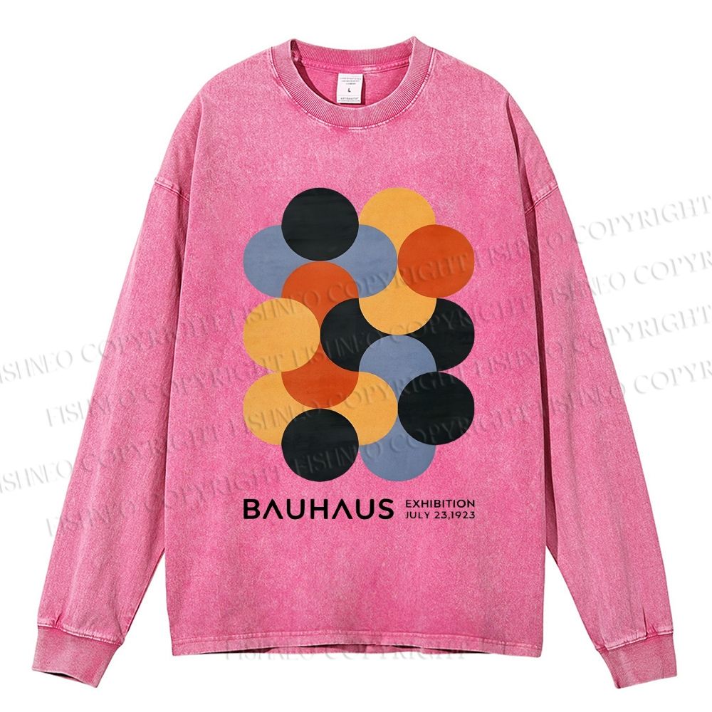 Unisex Casual Washed Vintage Bauhaus Design Printed Long Sleeve T-shirt