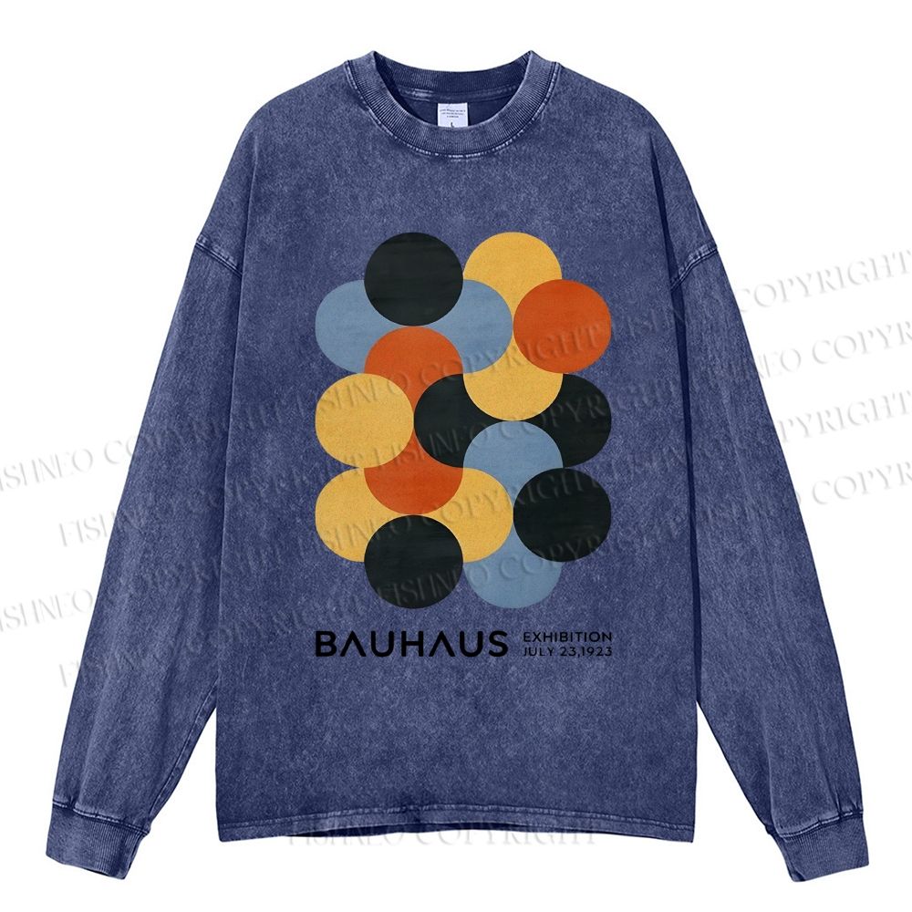 Unisex Casual Washed Vintage Bauhaus Design Printed Long Sleeve T-shirt