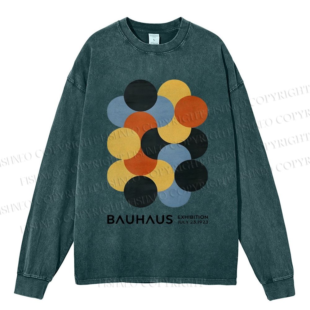 Unisex Casual Washed Vintage Bauhaus Design Printed Long Sleeve T-shirt