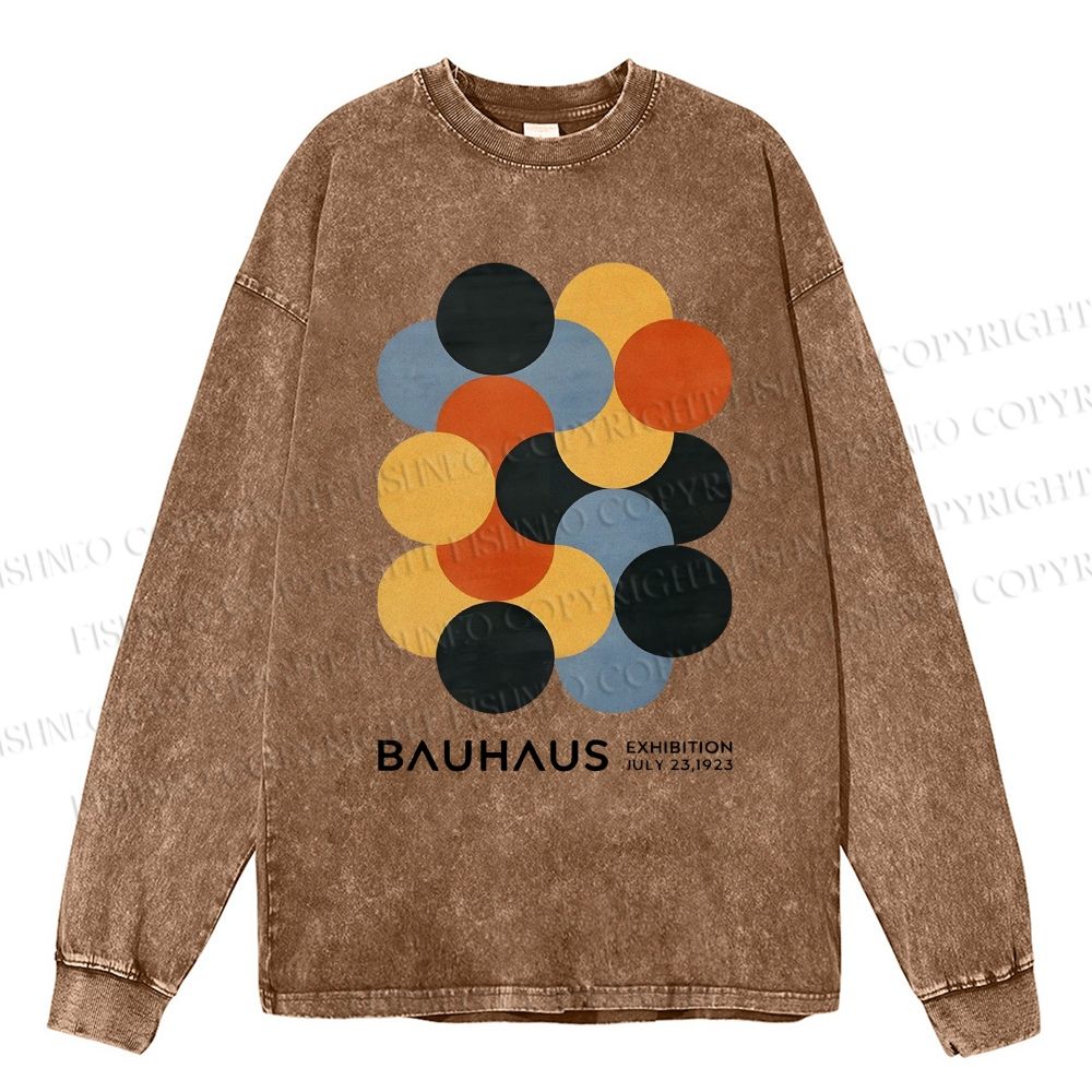 Unisex Casual Washed Vintage Bauhaus Design Printed Long Sleeve T-shirt