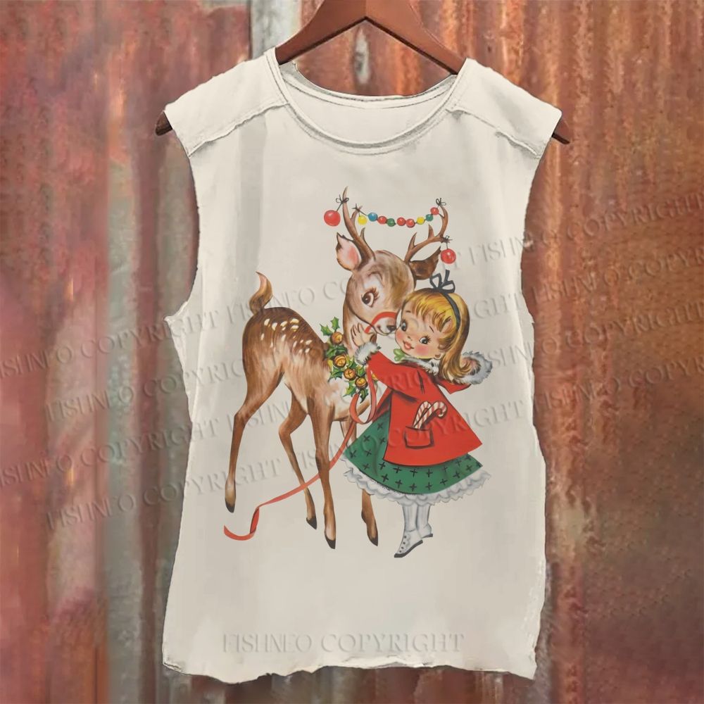 Casual Retro Christmas Little Girl With Deer Printed Tank Top