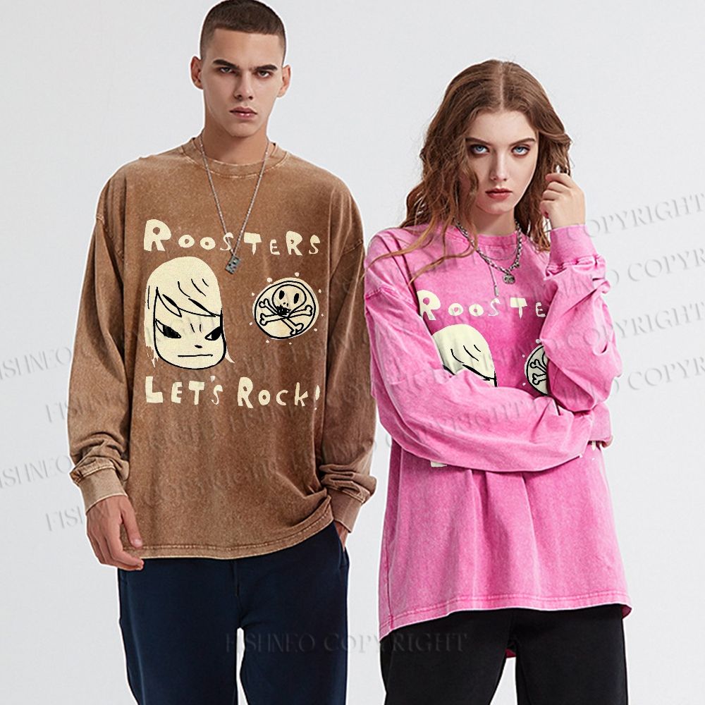 Unisex Casual Washed Yoshitomo Nara Printed Long Sleeve T-shirt