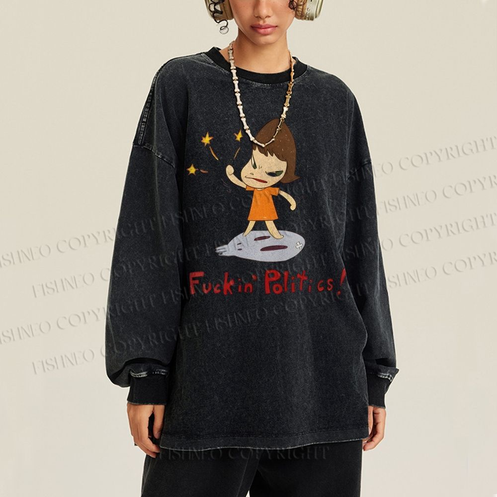 Unisex Casual Washed Yoshitomo Nara Printed Long Sleeve T-shirt