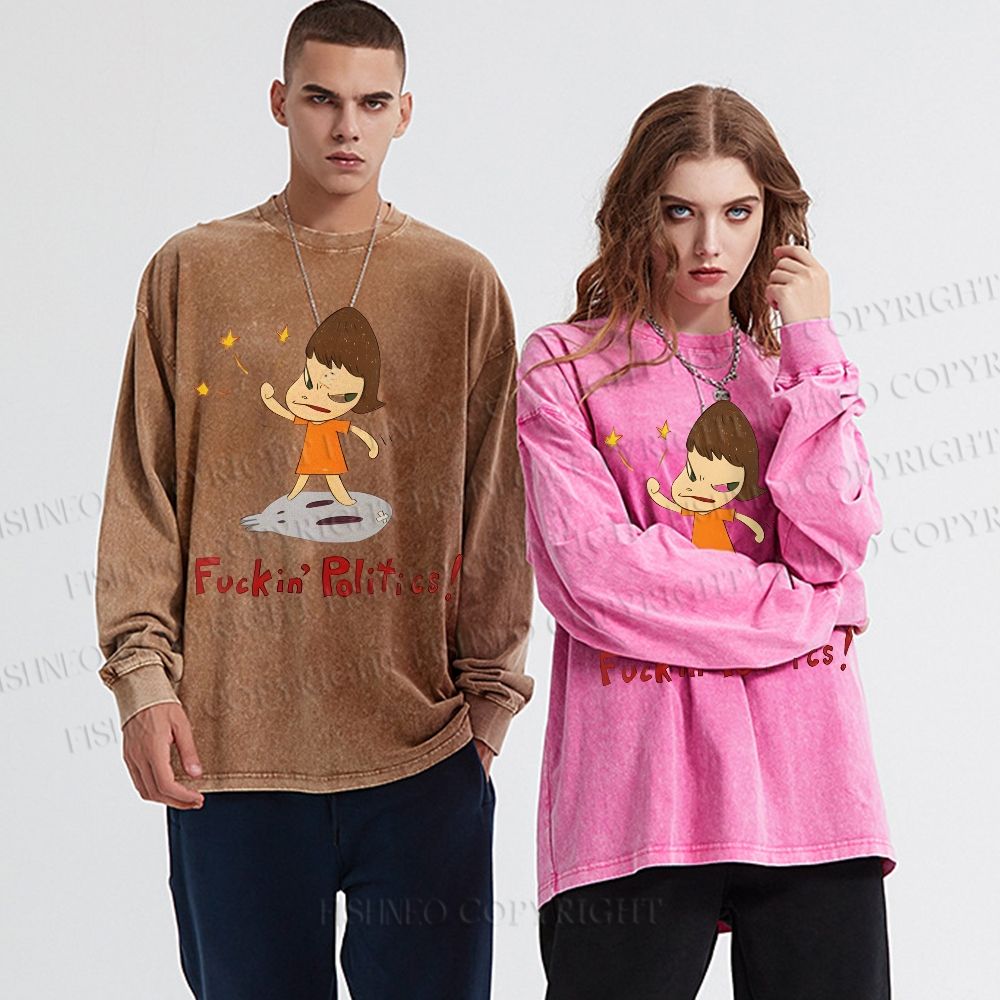 Unisex Casual Washed Yoshitomo Nara Printed Long Sleeve T-shirt