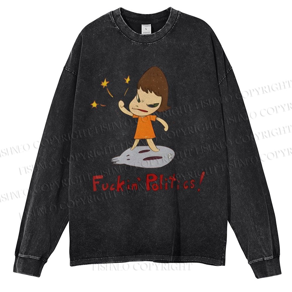 Unisex Casual Washed Yoshitomo Nara Printed Long Sleeve T-shirt