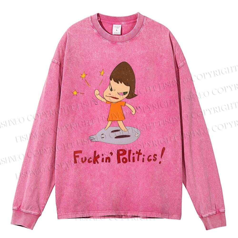 Unisex Casual Washed Yoshitomo Nara Printed Long Sleeve T-shirt