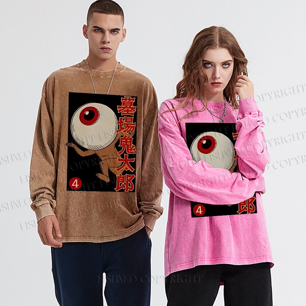 Unisex Casual Washed Vintage Japanese Eye Graffiti Printed Long Sleeve T-shirt