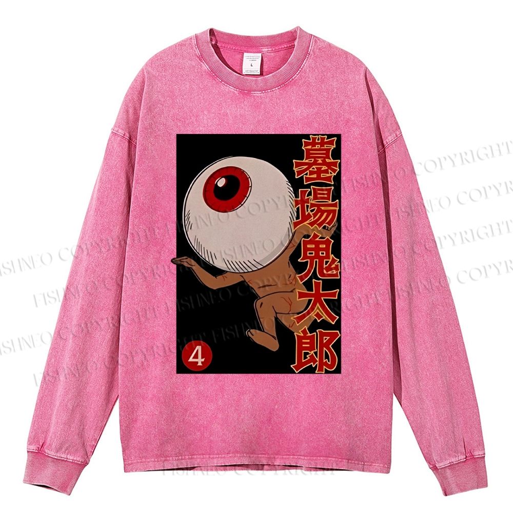 Unisex Casual Washed Vintage Japanese Eye Graffiti Printed Long Sleeve T-shirt