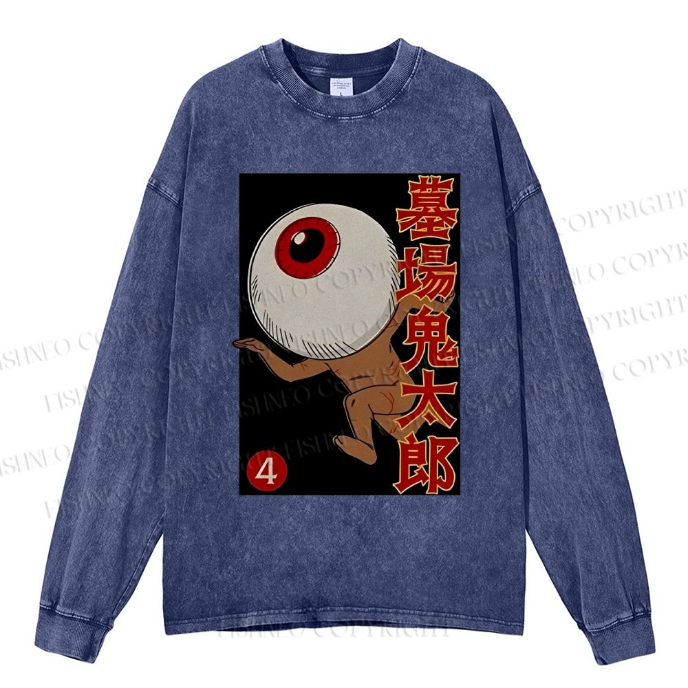 Unisex Casual Washed Vintage Japanese Eye Graffiti Printed Long Sleeve T-shirt
