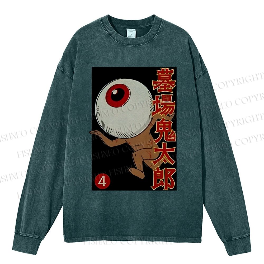 Unisex Casual Washed Vintage Japanese Eye Graffiti Printed Long Sleeve T-shirt