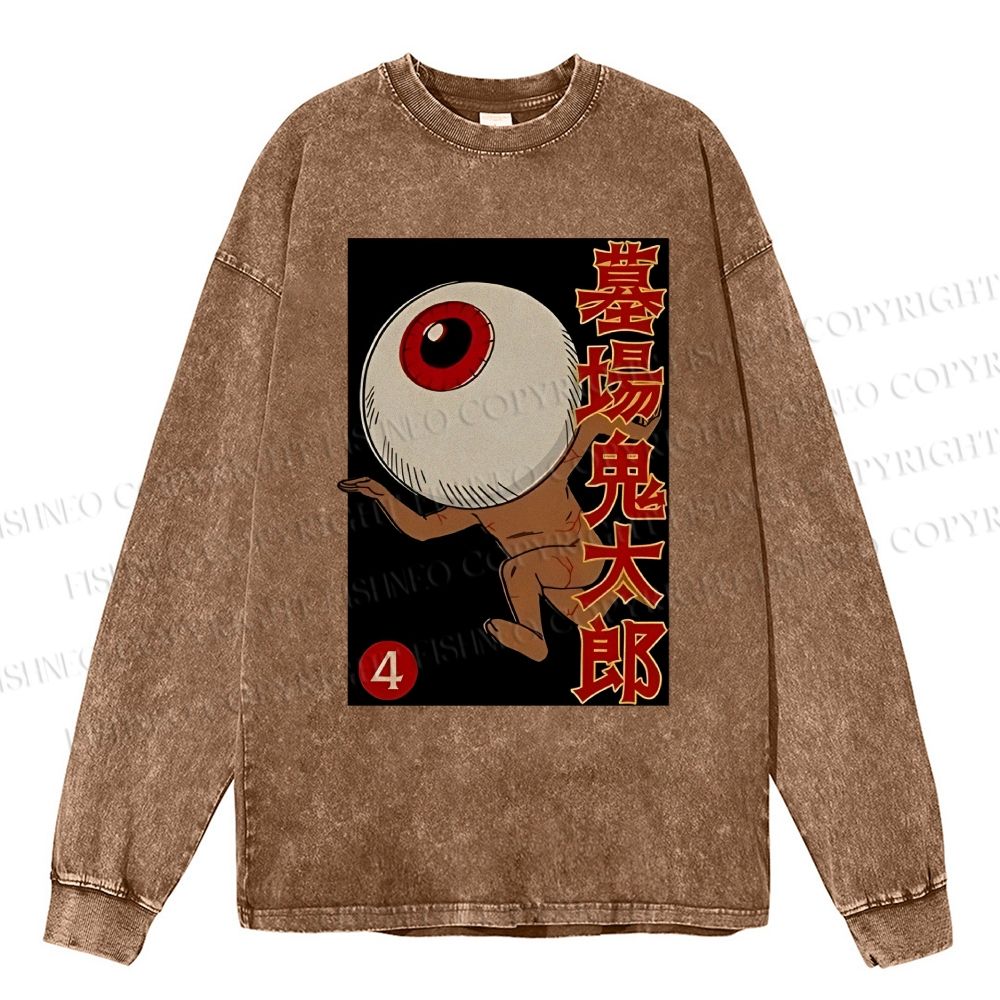 Unisex Casual Washed Vintage Japanese Eye Graffiti Printed Long Sleeve T-shirt