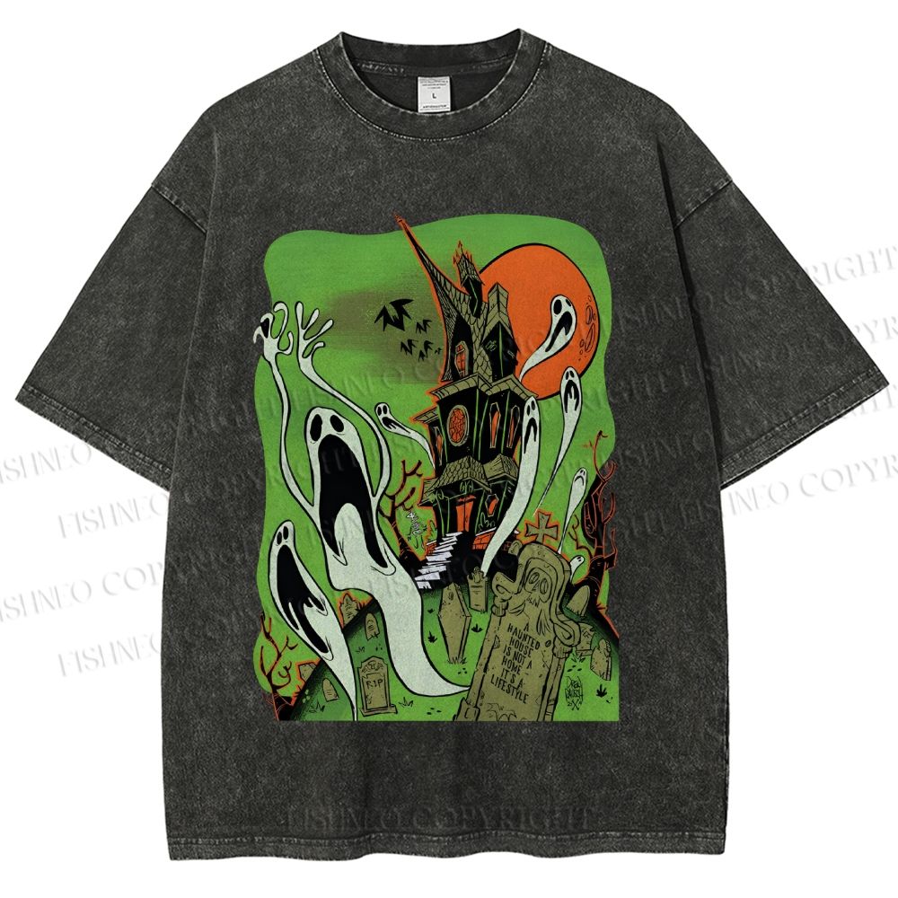 Unisex Vintage Halloween Printed Washed Tee