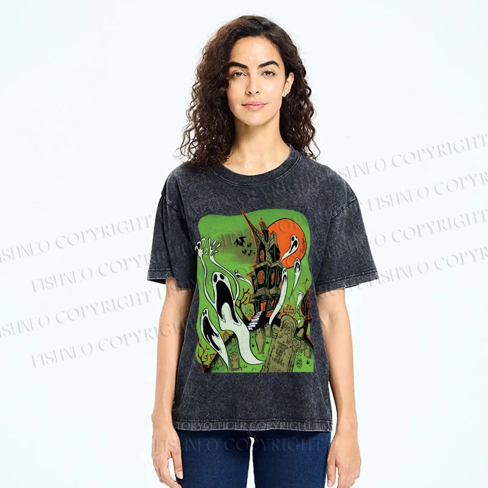 Unisex Vintage Halloween Printed Washed Tee