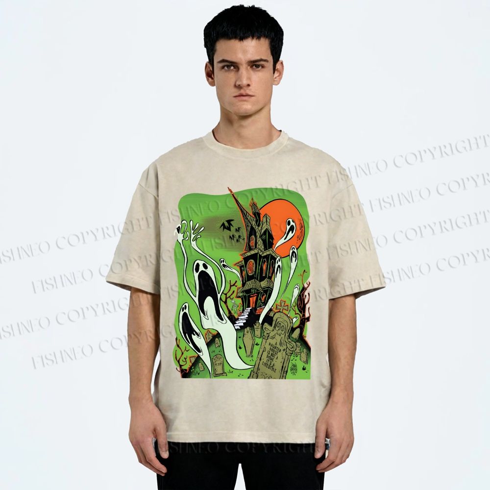 Unisex Vintage Halloween Printed Washed Tee