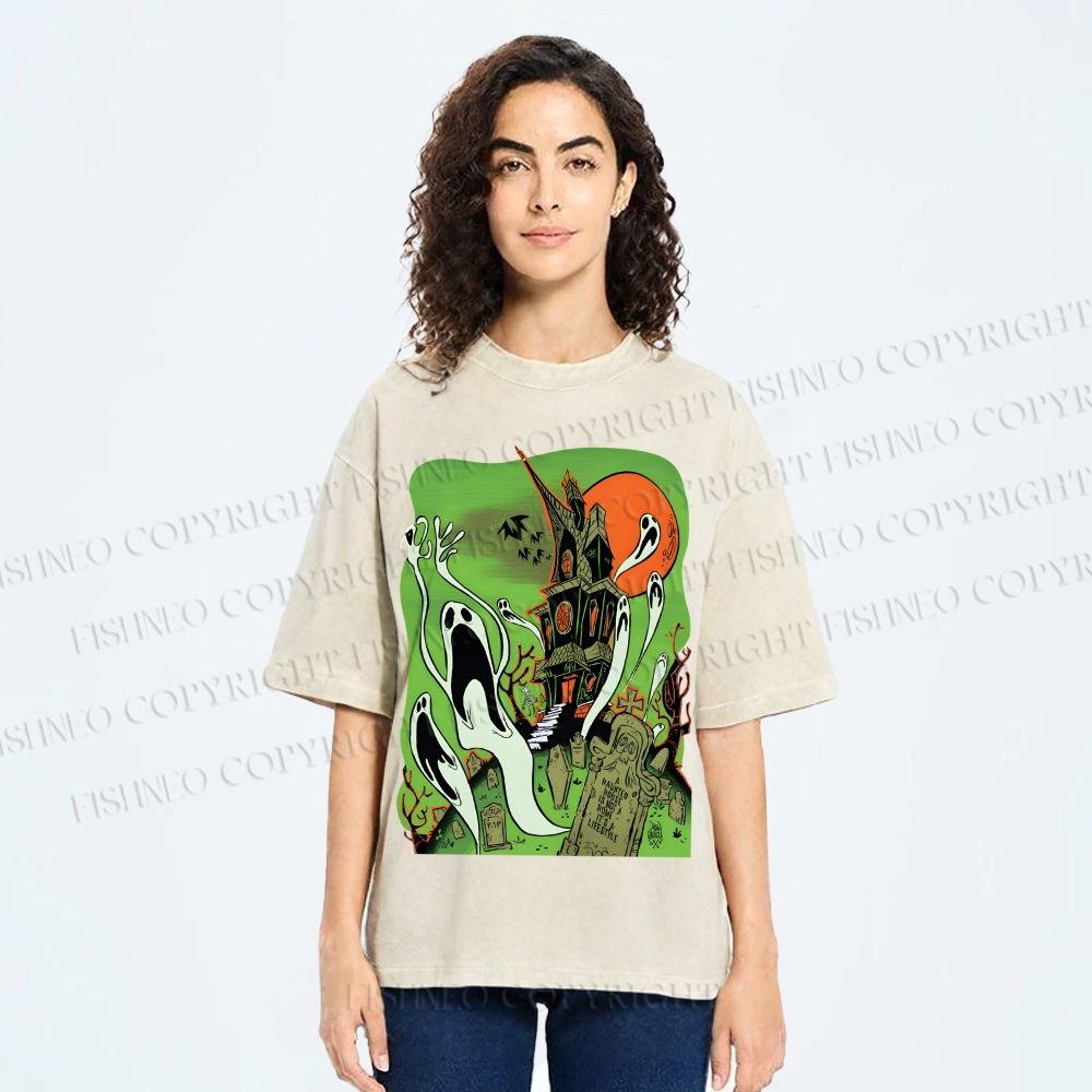 Unisex Vintage Halloween Printed Washed Tee