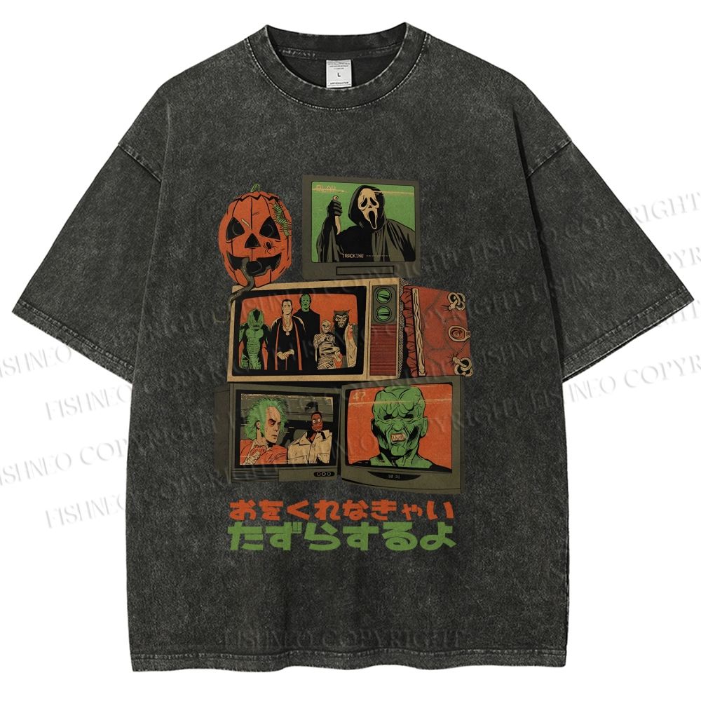 Unisex Vintage Japanese Halloween Tv Graffiti Printed Washed Tee