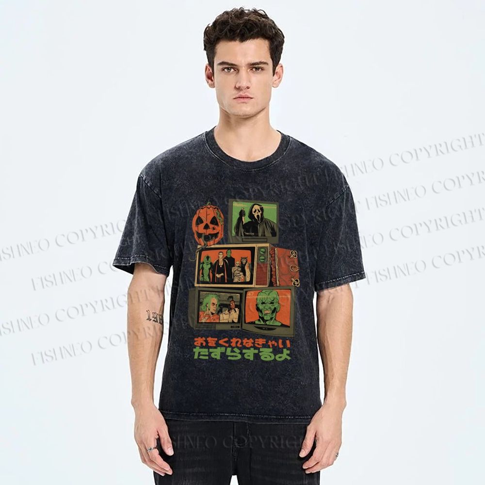 Unisex Vintage Japanese Halloween Tv Graffiti Printed Washed Tee