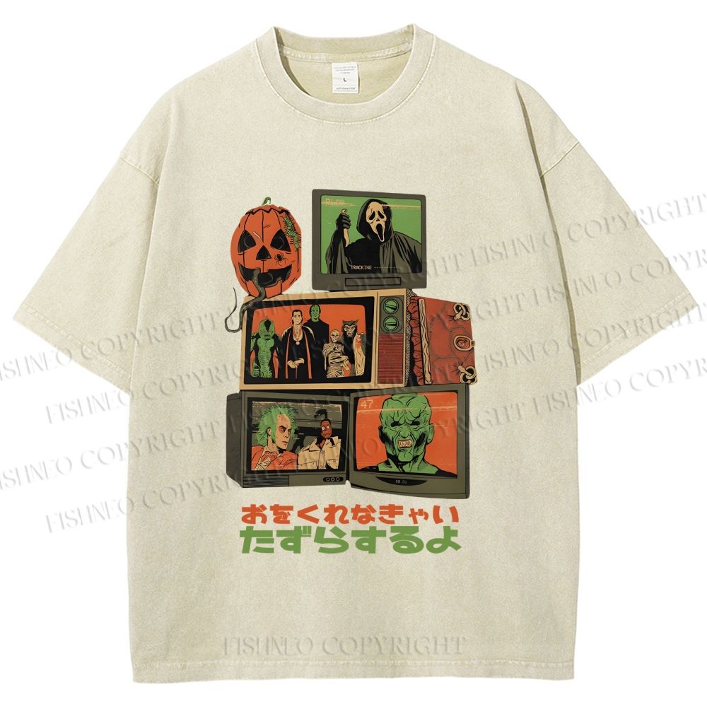Unisex Vintage Japanese Halloween Tv Graffiti Printed Washed Tee
