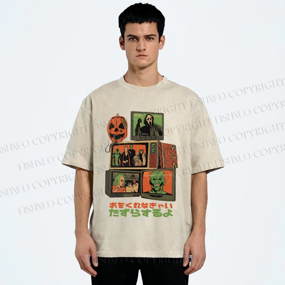Unisex Vintage Japanese Halloween Tv Graffiti Printed Washed Tee